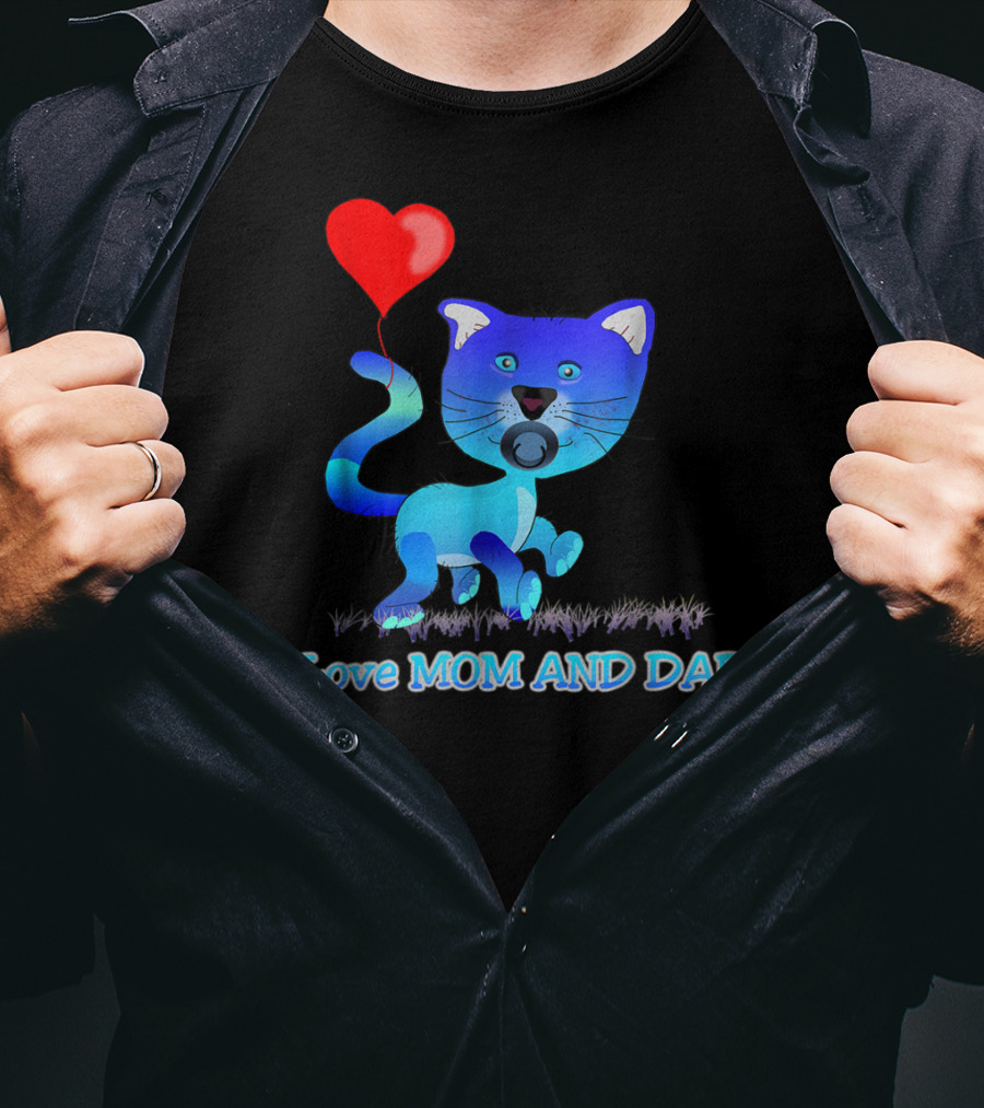I Love Mom And Dad Cat With Heart Balloon Dummy Boy Kids Teens T-Shirt