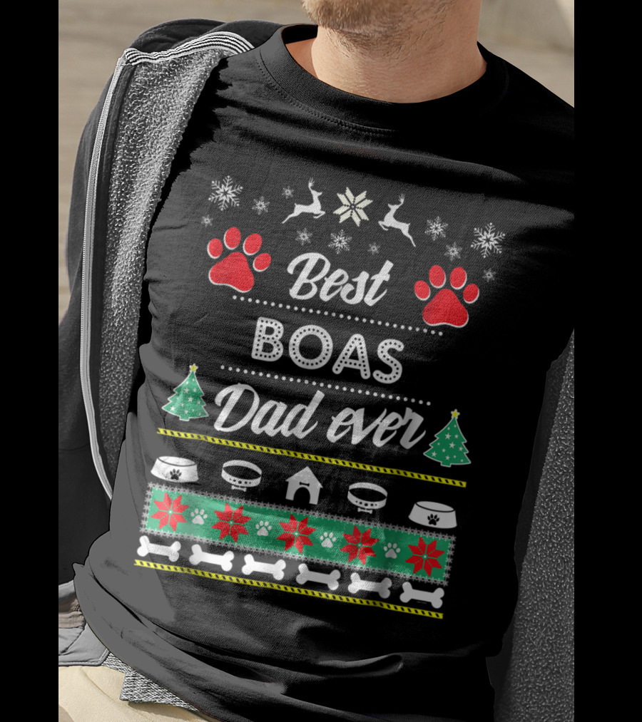 Best Boas Dad Ever Christmas Paw Prints Snowflakes Dog Bowls And Trees T-Shirt
