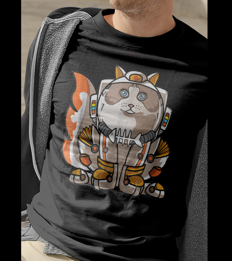 Christmas Space Ragdoll Suit Cat Astronaut With Fish Bone Helmet T-Shirt