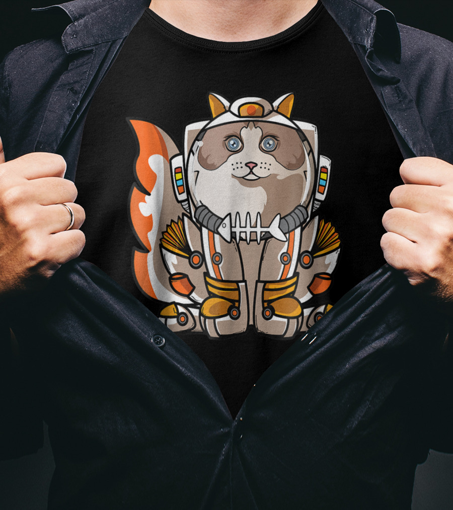 Christmas Space Ragdoll Suit Cat Astronaut With Fish Bone Helmet T-Shirt