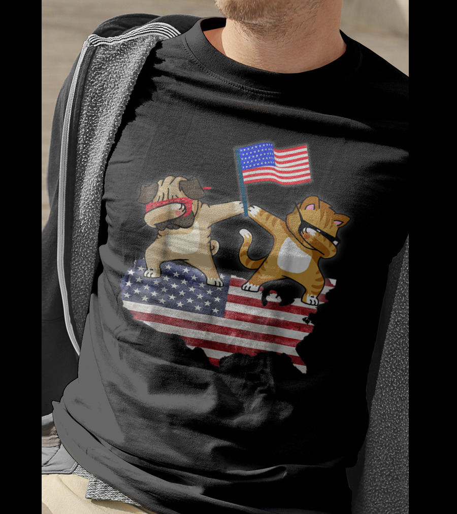 Dad Joke Loading Patriotic Pug And Cat Dabbing With American Flag USA Map T-Shirt