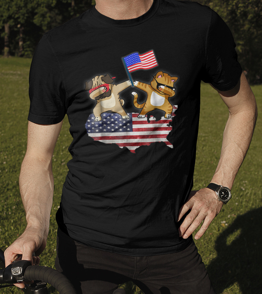 Dad Joke Loading Patriotic Pug And Cat Dabbing With American Flag USA Map T-Shirt