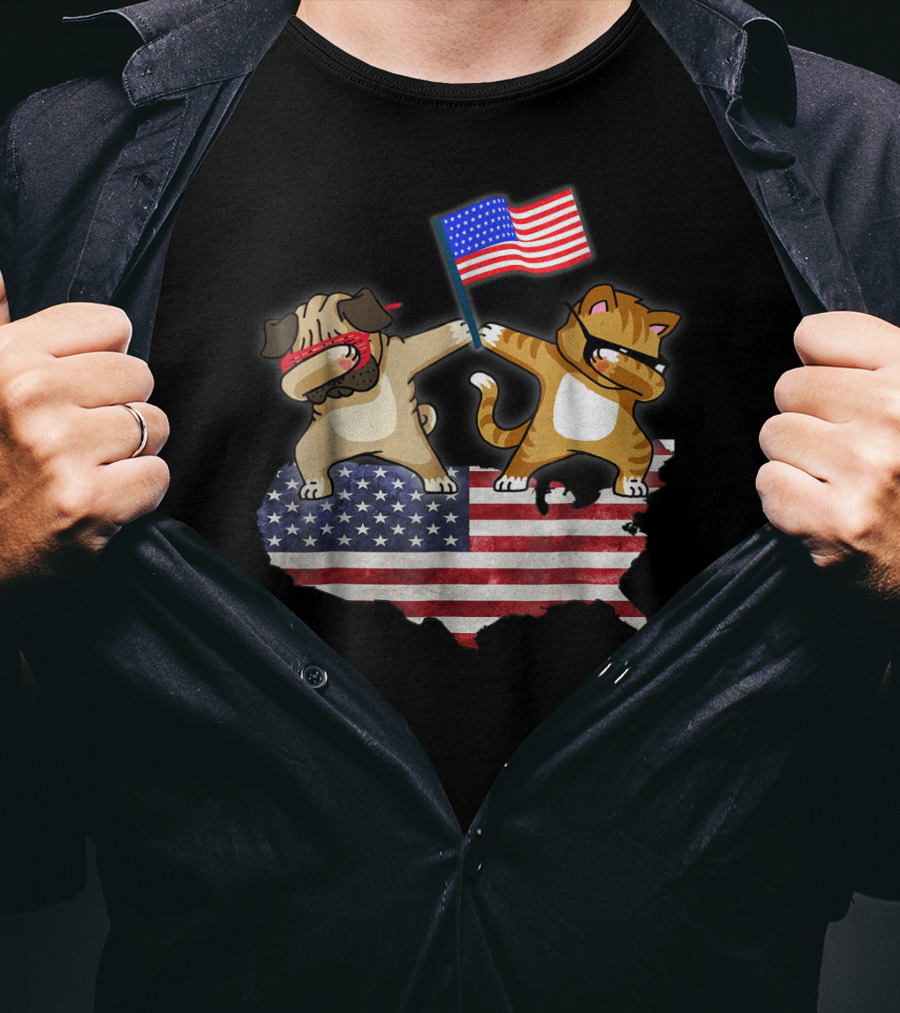 Dad Joke Loading Patriotic Pug And Cat Dabbing With American Flag USA Map T-Shirt