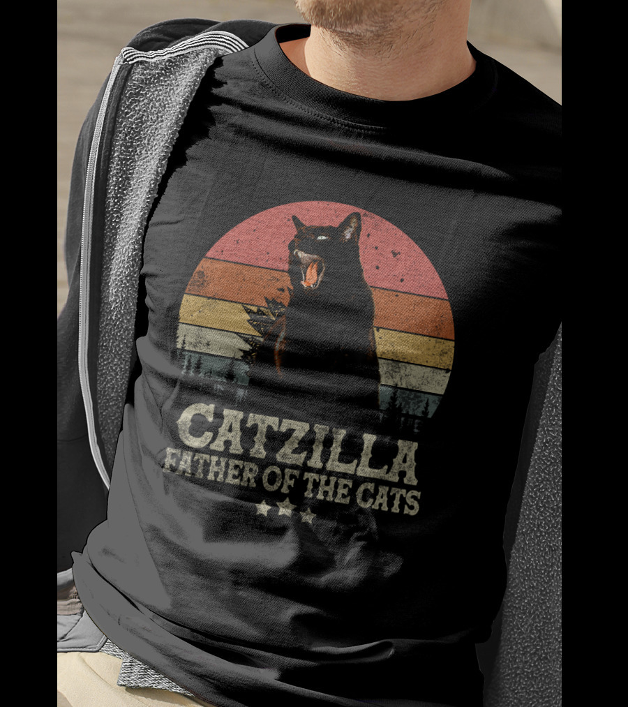 Catzilla Father Of The Cats Retro Sunset Roar T-Shirt