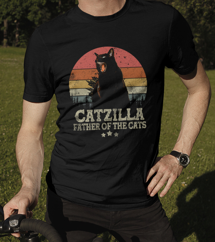 Catzilla Father Of The Cats Retro Sunset Roar T-Shirt