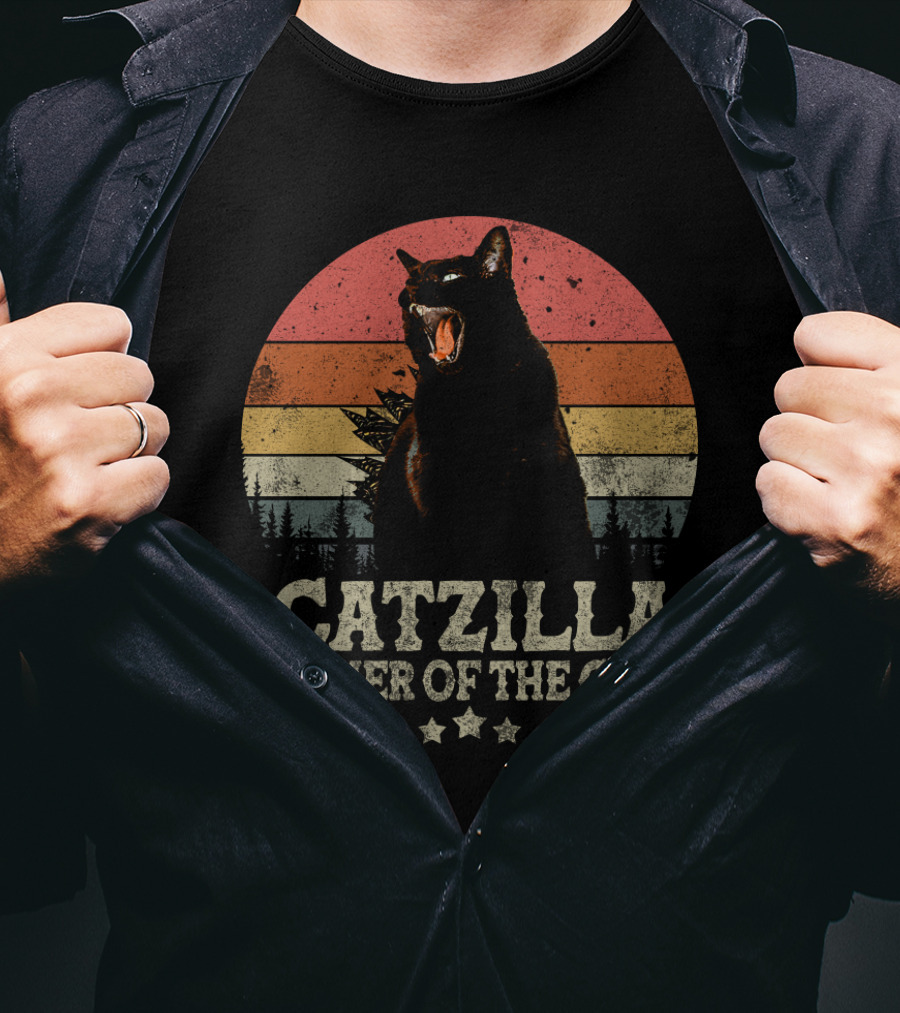 Catzilla Father Of The Cats Retro Sunset Roar T-Shirt