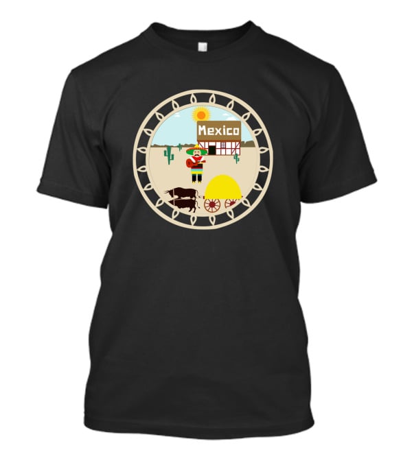 Mexico Village Sun And Sombrero Scene With Donkey Cart And Cactus T-Shirt