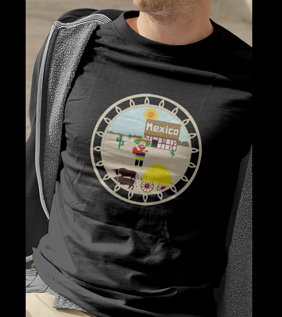 Mexico Village Sun And Sombrero Scene With Donkey Cart And Cactus T-Shirt