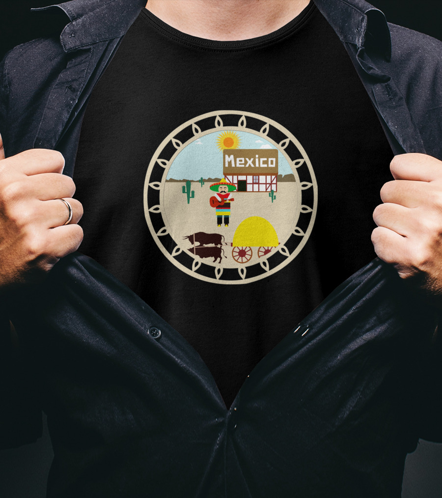 Mexico Village Sun And Sombrero Scene With Donkey Cart And Cactus T-Shirt