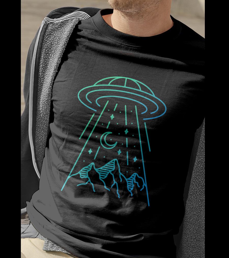 UFO In Mountain Landscape With Starry Sky And Crescent Moon T-Shirt