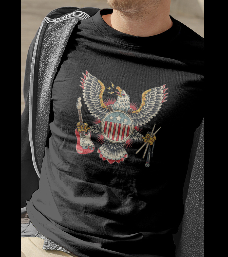 American Rockstar Eagle With Guitar And Drumsticks T-Shirt