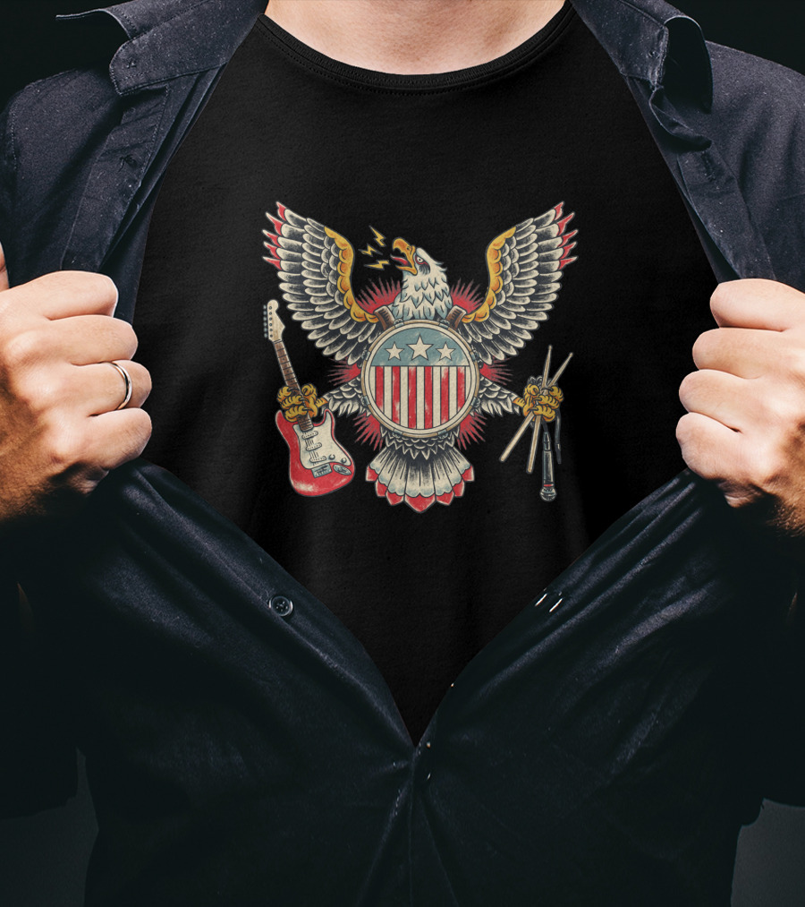American Rockstar Eagle With Guitar And Drumsticks T-Shirt