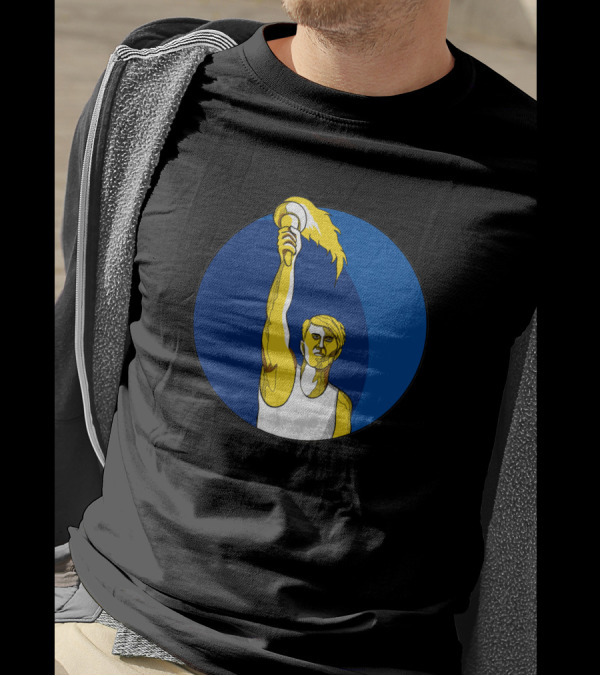 Athlete Holding Flaming Torch In Blue Circle Drawing T-Shirt