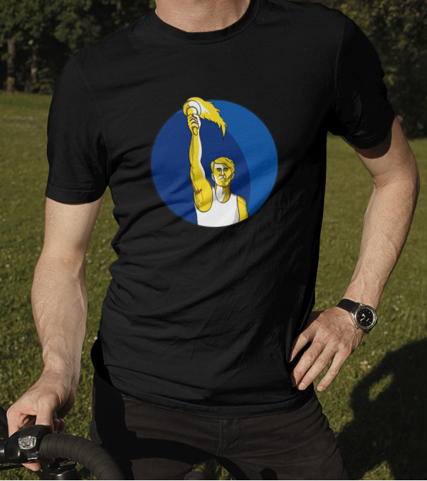 Athlete Holding Flaming Torch In Blue Circle Drawing T-Shirt