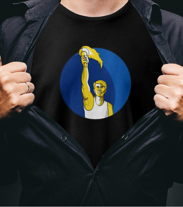 Athlete Holding Flaming Torch In Blue Circle Drawing T-Shirt