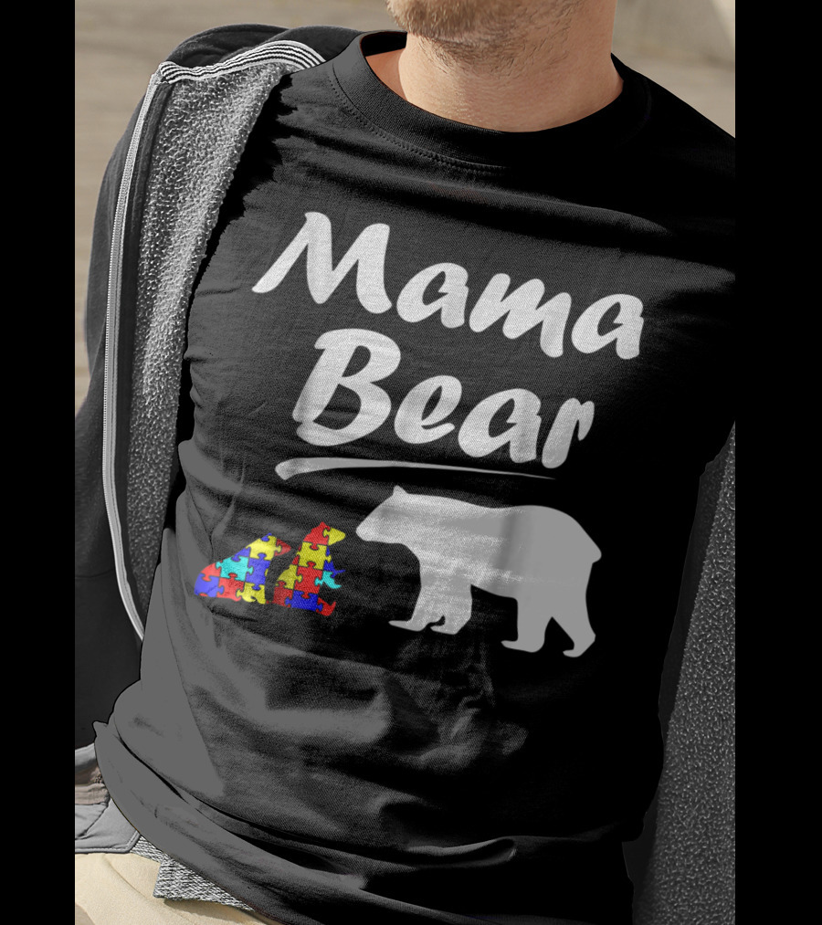 Mama Bear Autism Awareness Mom With Two Puzzle Piece Cubs T-Shirt
