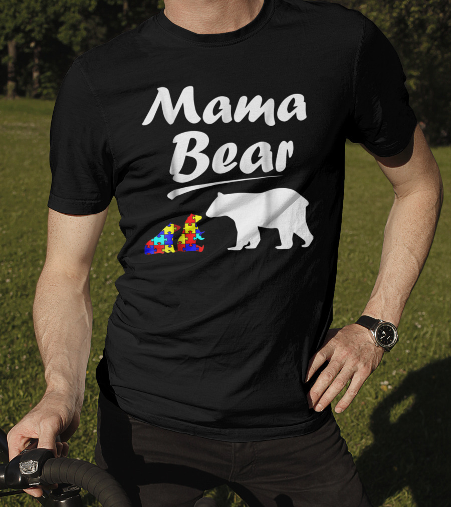 Mama Bear Autism Awareness Mom With Two Puzzle Piece Cubs T-Shirt
