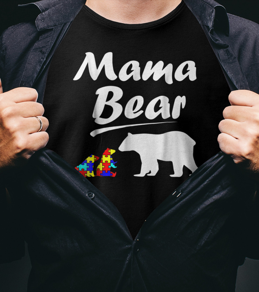 Mama Bear Autism Awareness Mom With Two Puzzle Piece Cubs T-Shirt