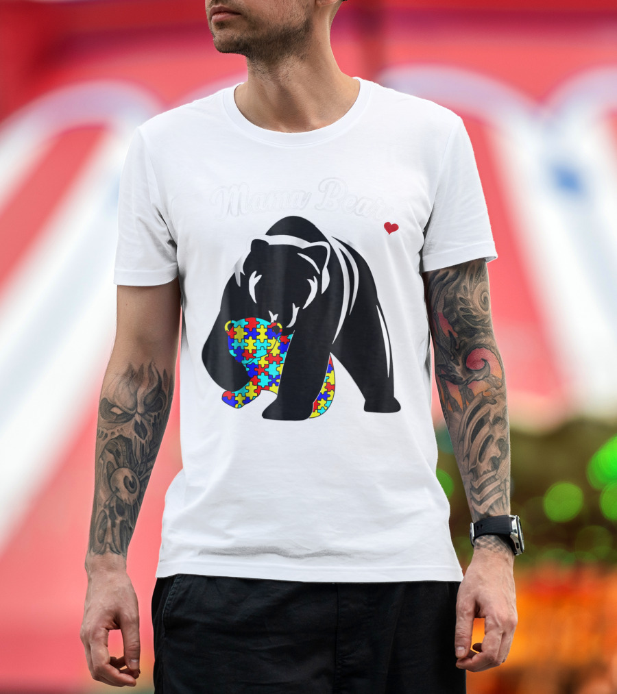Mama Bear Autism Awareness Love Support Mom Puzzle Heart T-Shirt