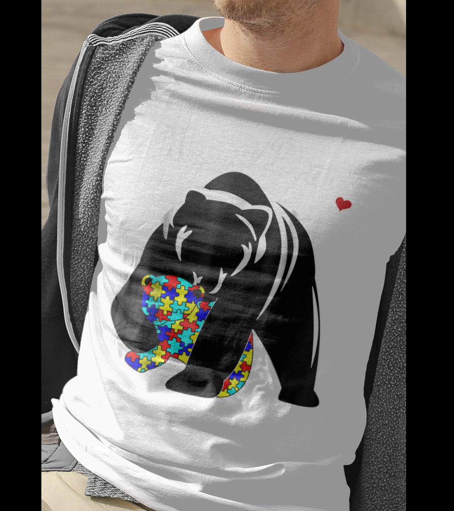 Mama Bear Autism Awareness Love Support Mom Puzzle Heart T-Shirt