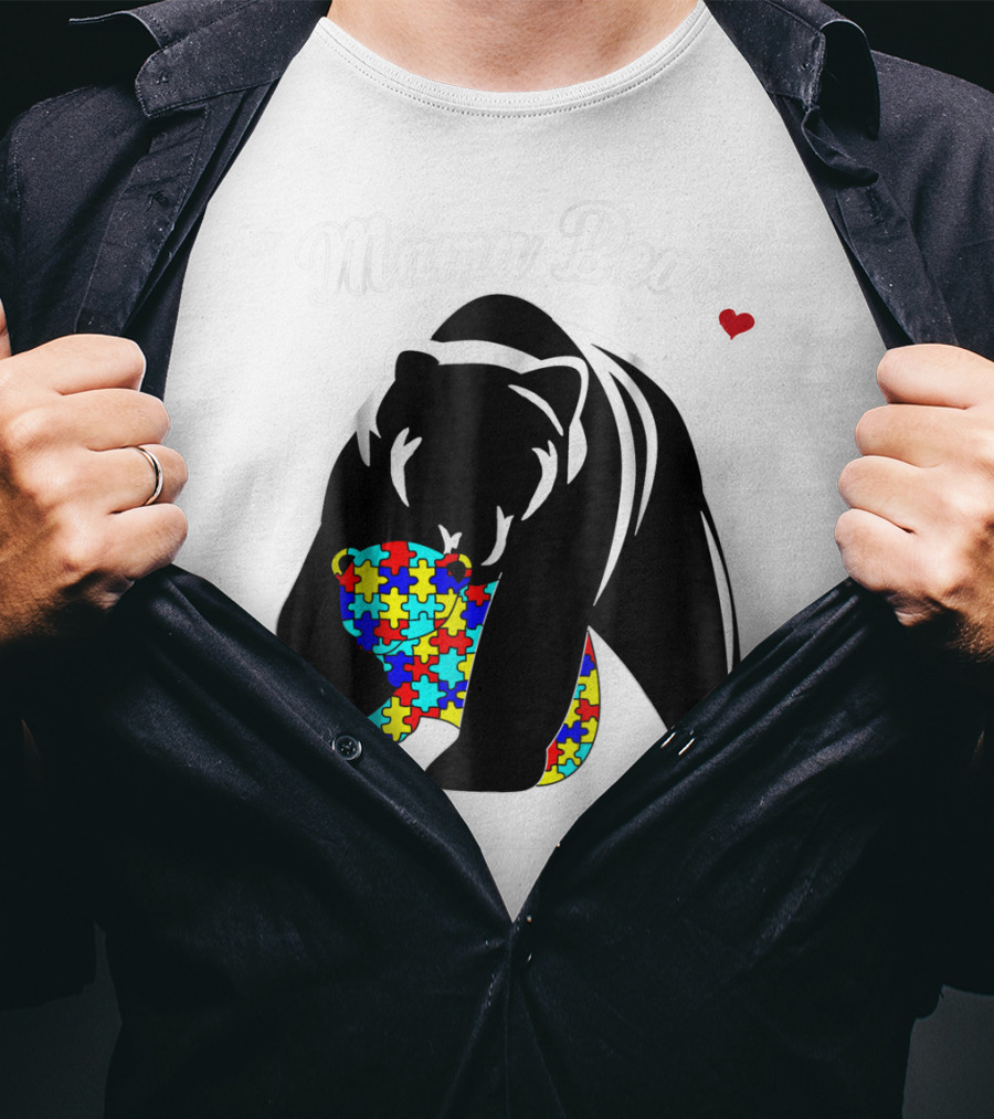 Mama Bear Autism Awareness Love Support Mom Puzzle Heart T-Shirt