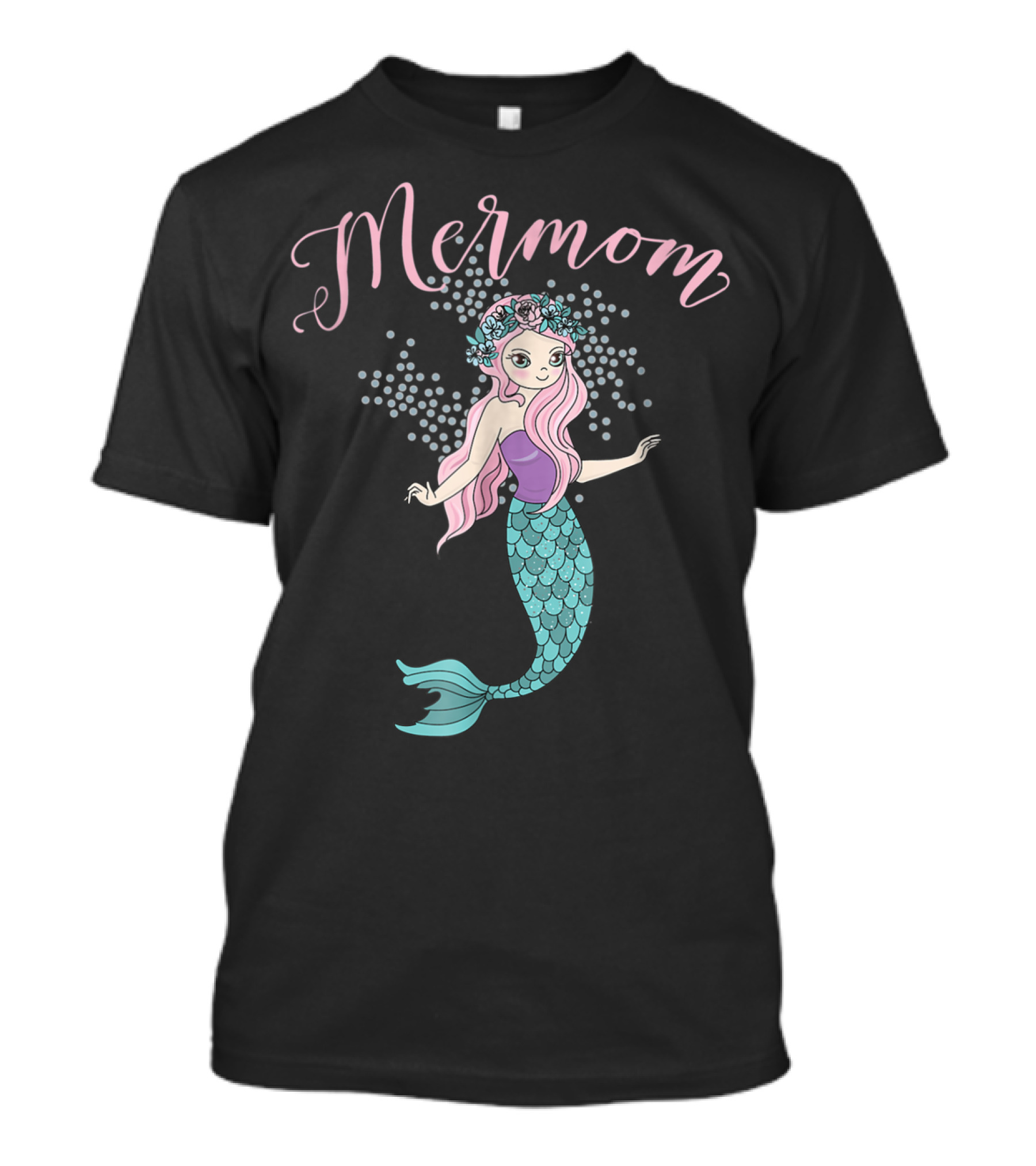 Mermom Mermaid With Pink Hair And Floral Crown T-Shirt