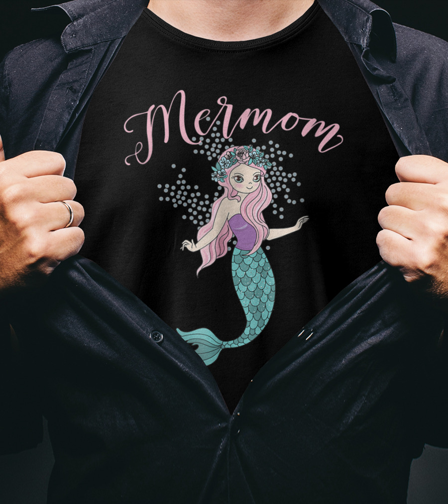 Mermom Mermaid With Pink Hair And Floral Crown T-Shirt