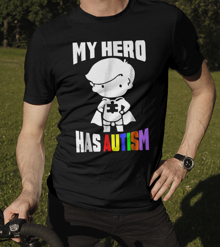 My Hero Has Autism Mom From Son56 Puzzle Cape Hero T-Shirt