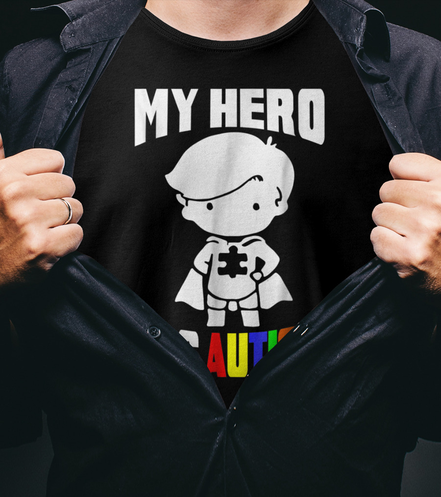 My Hero Has Autism Mom From Son56 Puzzle Cape Hero T-Shirt
