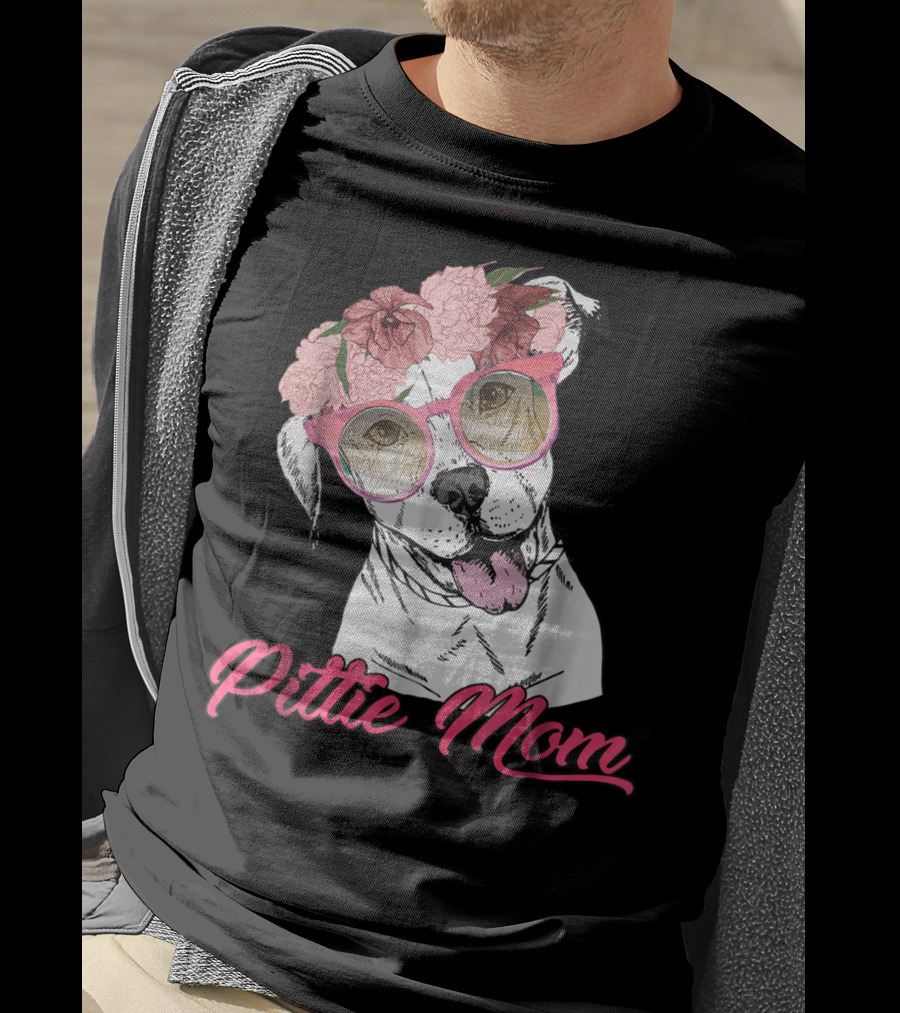 Pittie Mom With Flower Crown And Sunglasses Pitbull T-Shirt