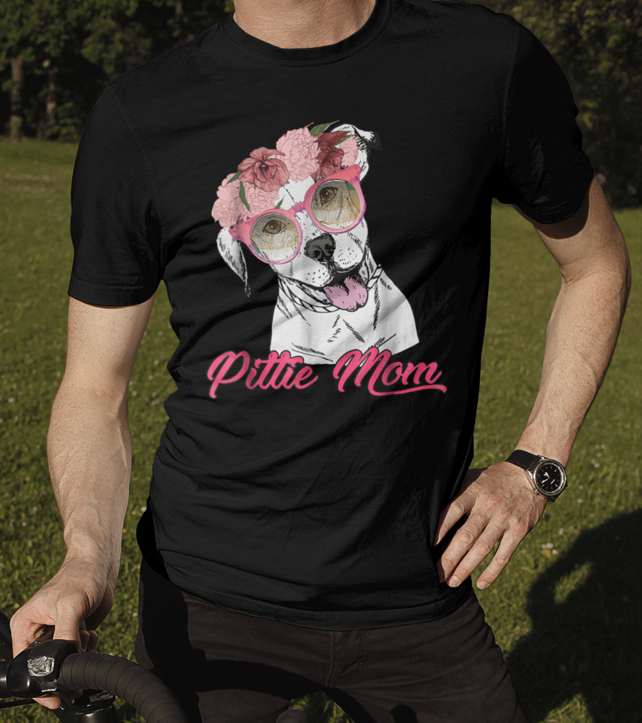 Pittie Mom With Flower Crown And Sunglasses Pitbull T-Shirt
