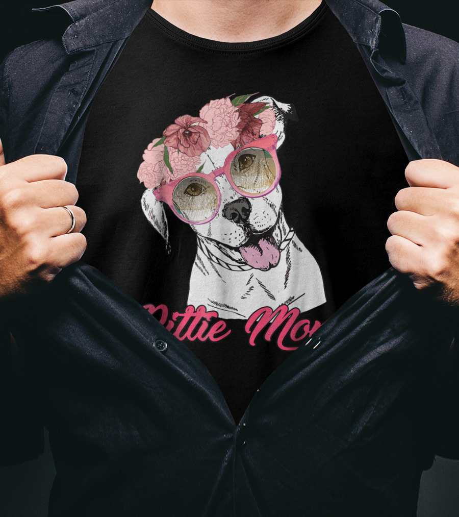 Pittie Mom With Flower Crown And Sunglasses Pitbull T-Shirt