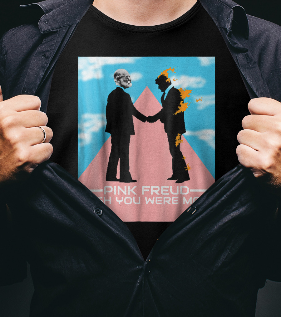 Pink Freud Wish You Were Mom Band Silhouettes On Pink Triangle With Blue Sky Background T-Shirt