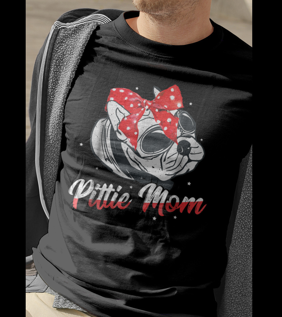 Pittie Mom American Pitbull Dog Lover Red Polka Dot Bow Glasses T-Shirt