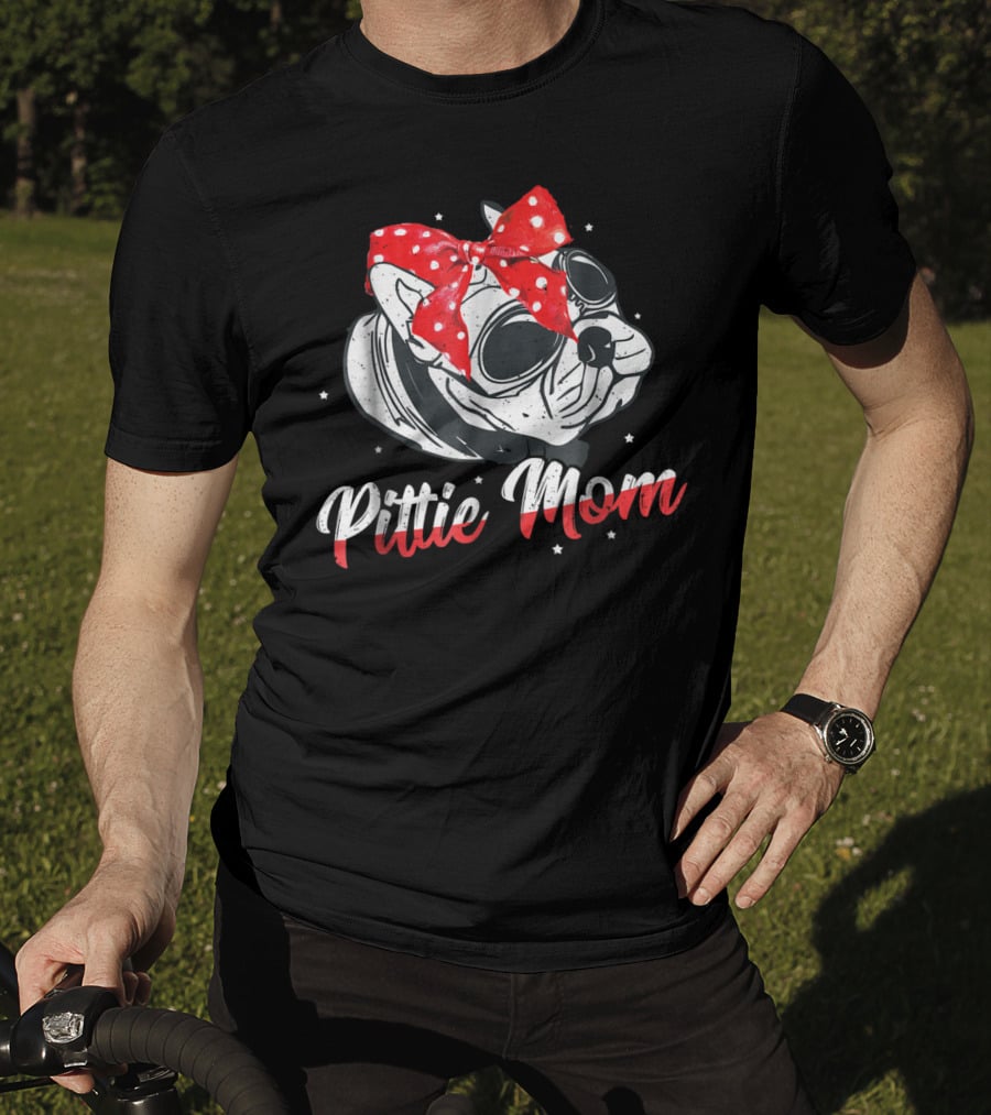 Pittie Mom American Pitbull Dog Lover Red Polka Dot Bow Glasses T-Shirt