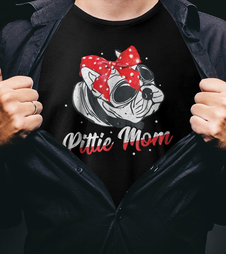 Pittie Mom American Pitbull Dog Lover Red Polka Dot Bow Glasses T-Shirt