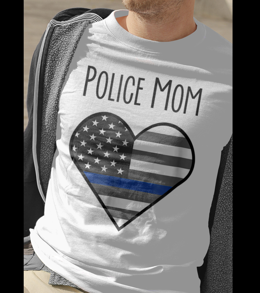 Police Mom Heart Thin Blue Line American Flag T-Shirt