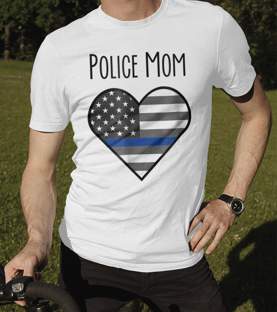Police Mom Heart Thin Blue Line American Flag T-Shirt