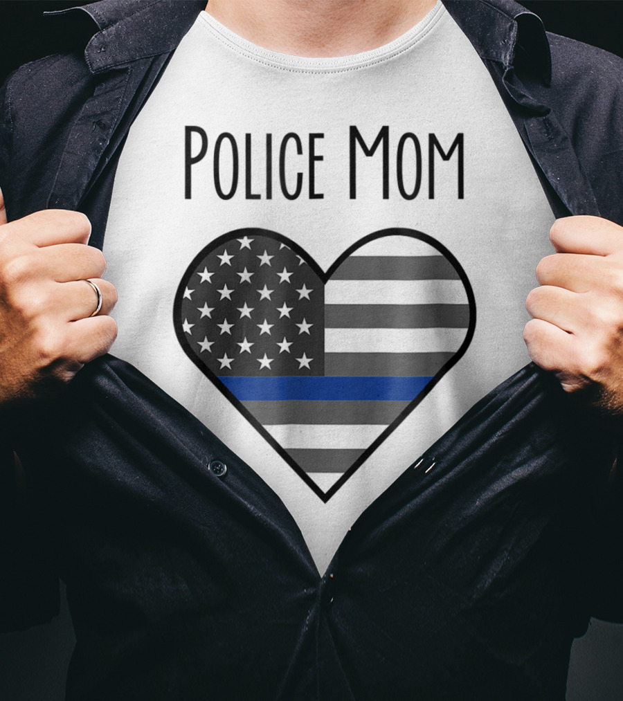 Police Mom Heart Thin Blue Line American Flag T-Shirt