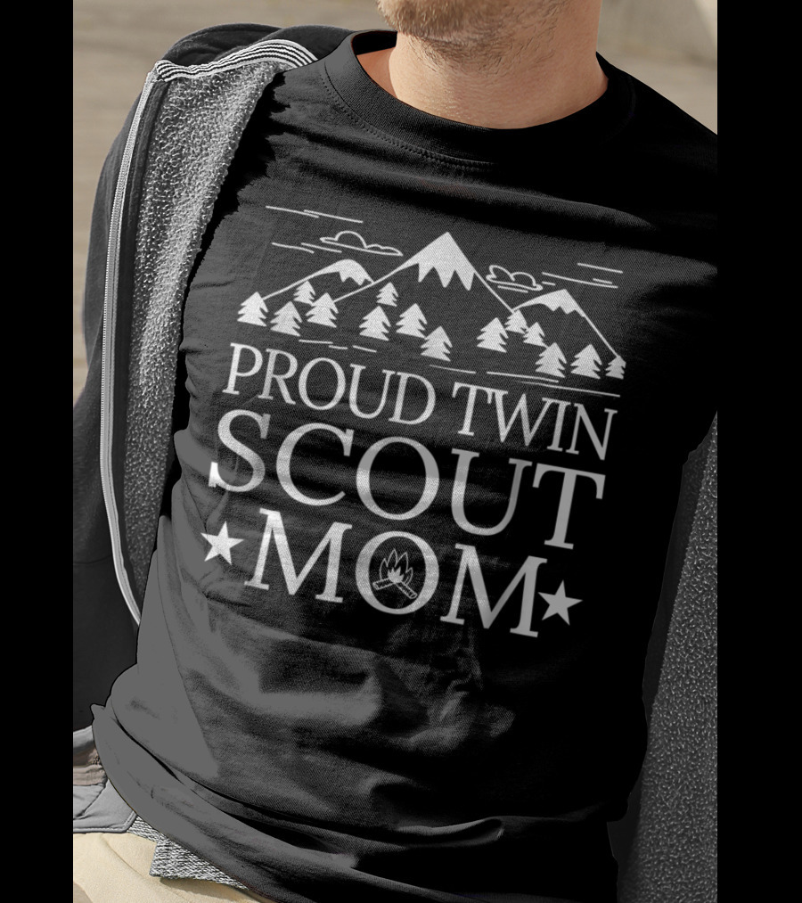 Proud Twin Scout Mom Mountain And Campfire T-Shirt