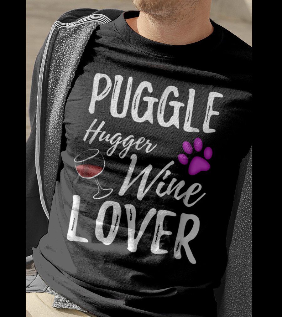 Puggle Hugger Wine Lover Paw Print Dog Parent T-Shirt