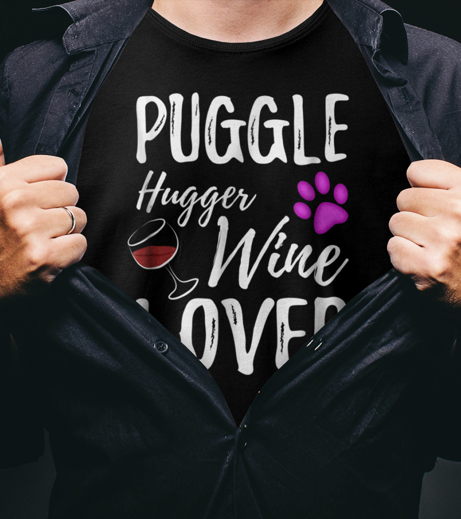 Puggle Hugger Wine Lover Paw Print Dog Parent T-Shirt