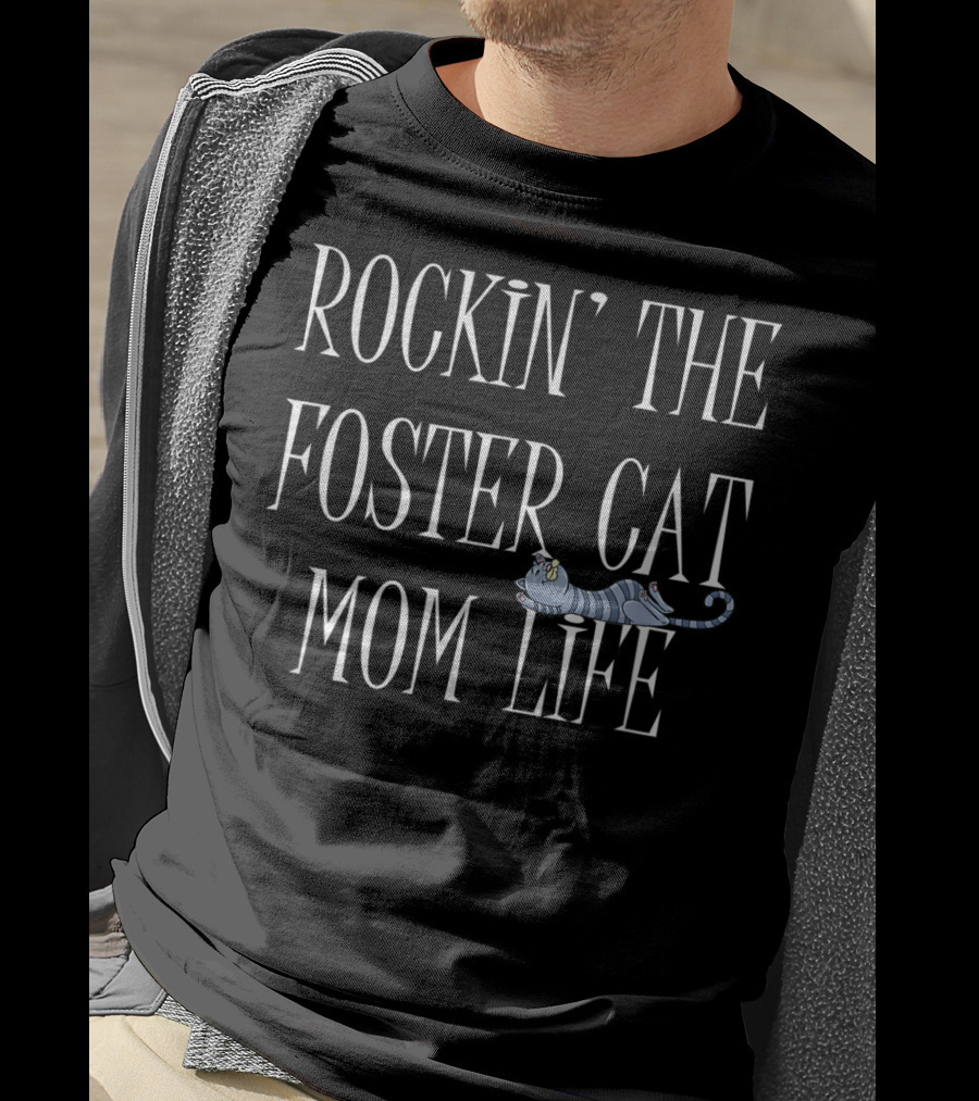 Rockin' The Foster Cat Mom Life Rescue Cat Striped Cartoon T-Shirt