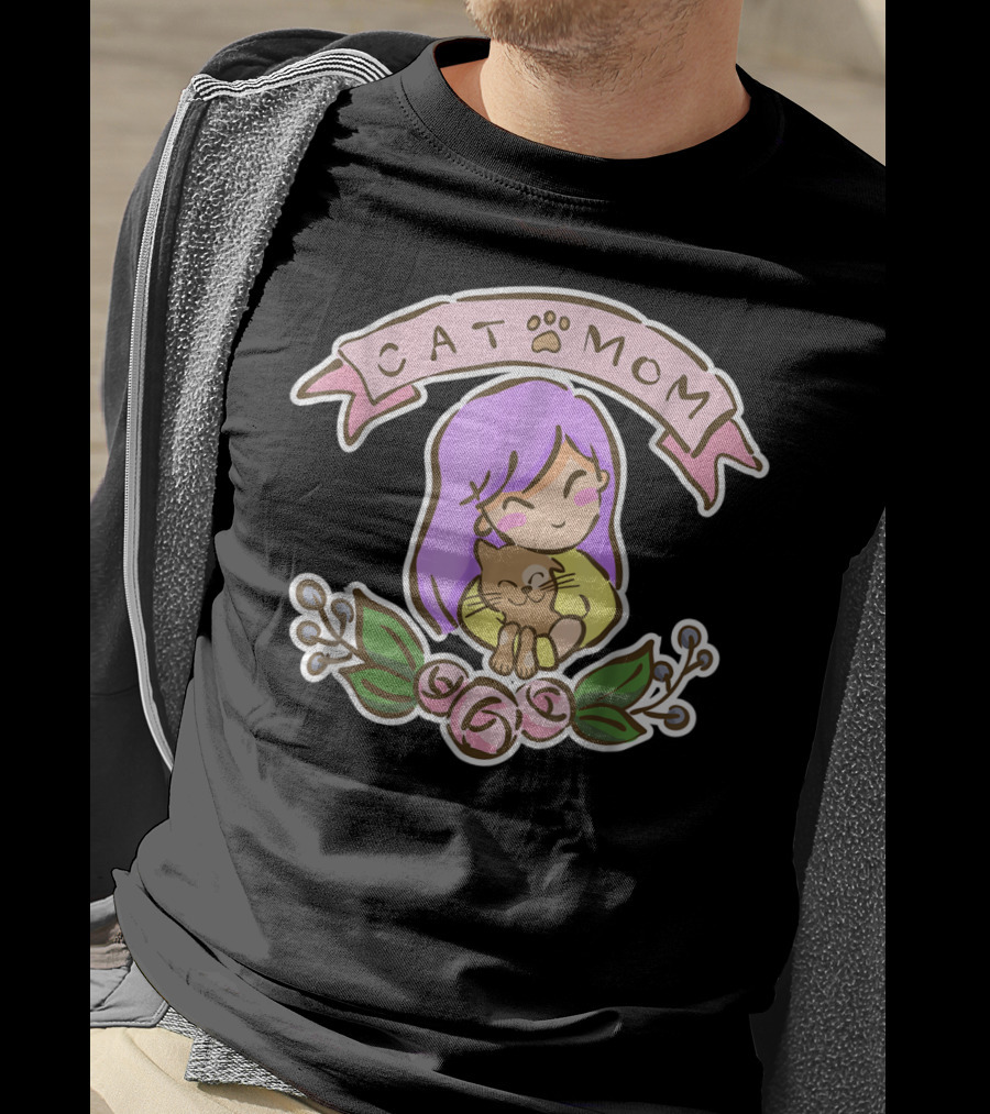 Cat Mom Cute Drawing With Purple Hair And Cat Hug T-Shirt