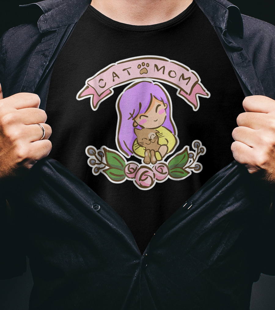 Cat Mom Cute Drawing With Purple Hair And Cat Hug T-Shirt