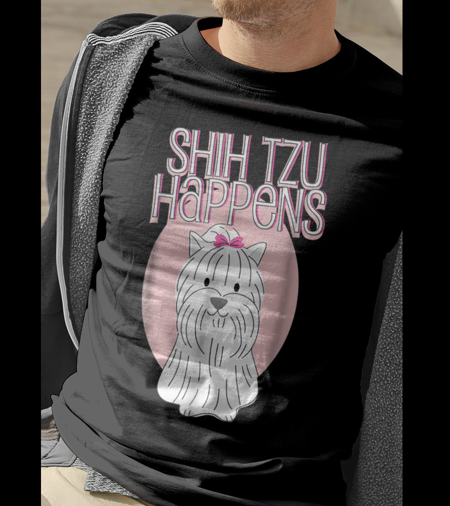 Shih Tzu Happens Dog Pink Bow Oval Background T-Shirt