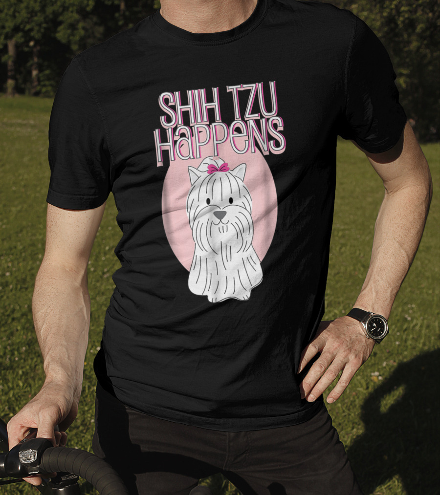 Shih Tzu Happens Dog Pink Bow Oval Background T-Shirt