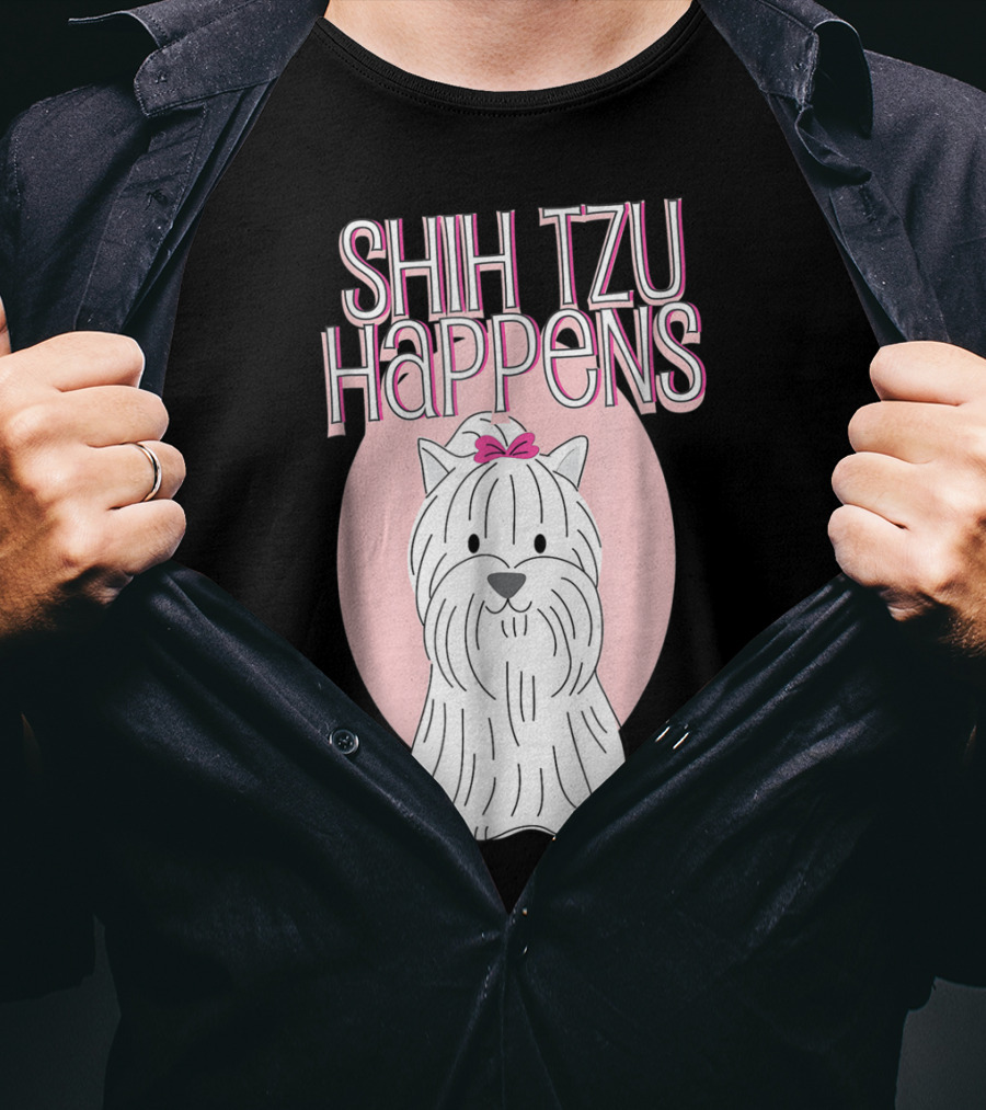 Shih Tzu Happens Dog Pink Bow Oval Background T-Shirt