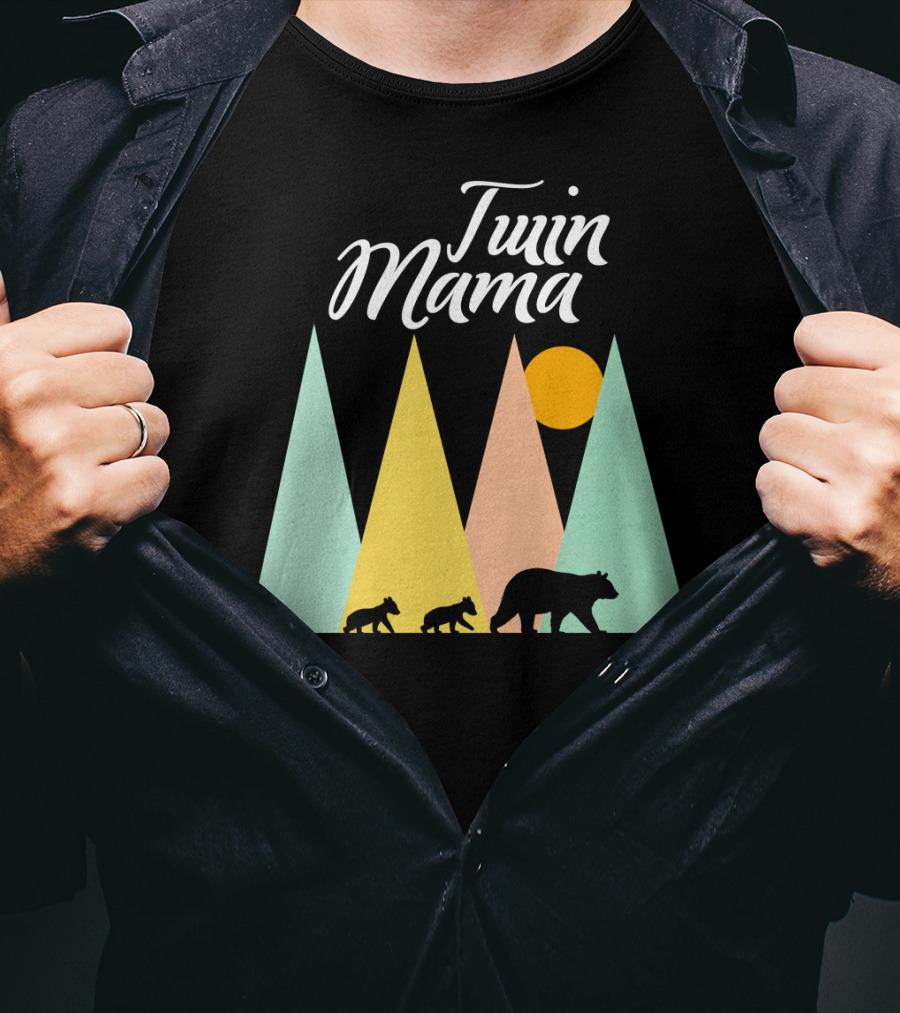 Twin Mama Bear Camping With Cubs In Forest T-Shirt