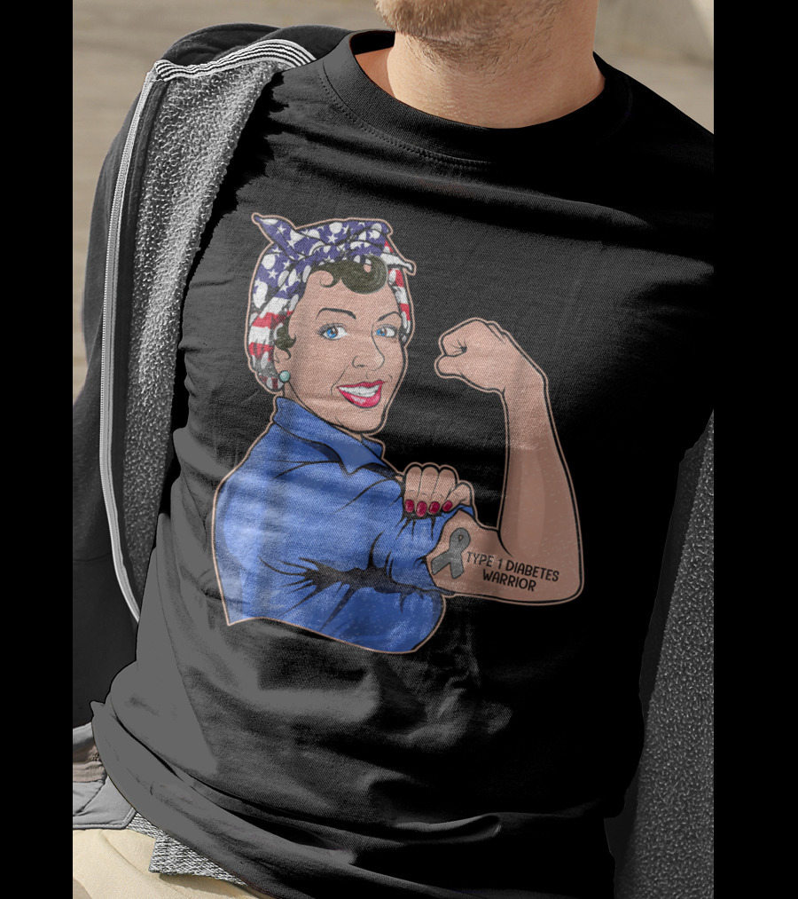 Type 1 Diabetes Warrior American Flag Rosie The Riveter Style Lady Girl35 T-Shirt